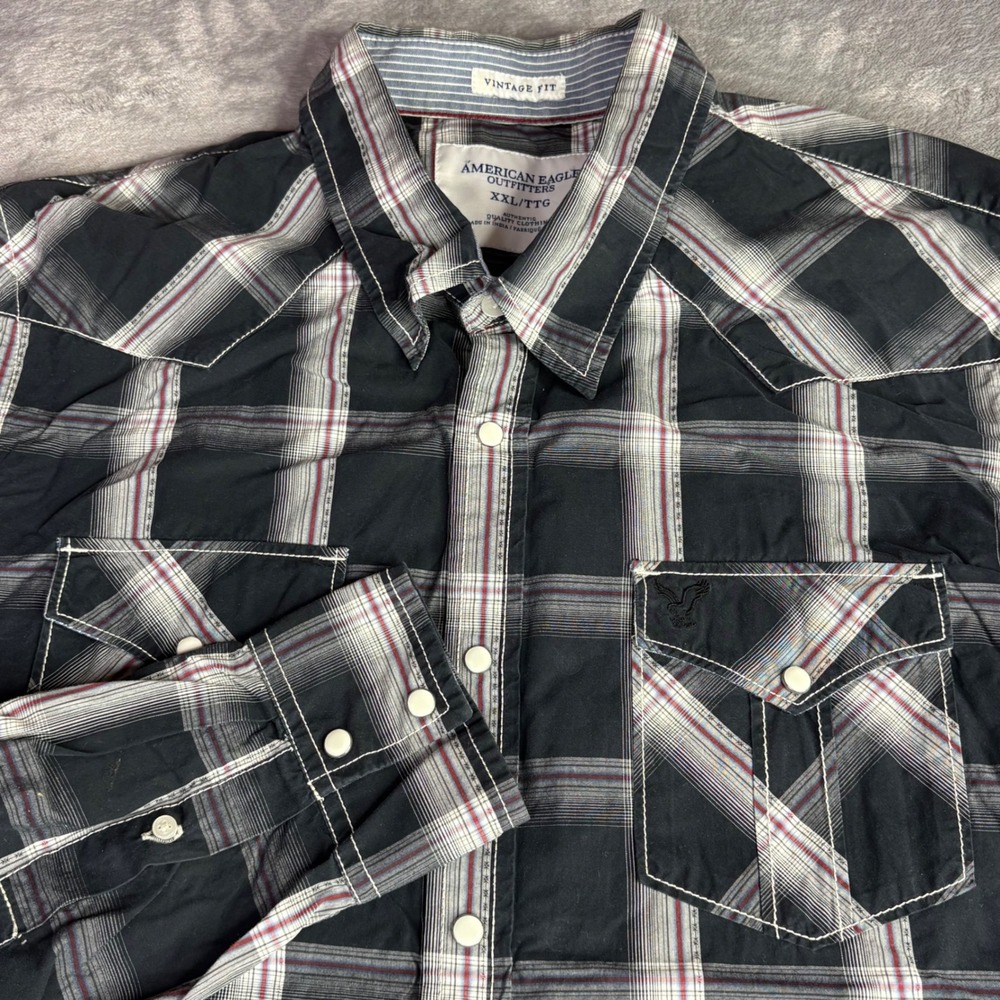 American Eagle Western Shirt Mens XXL Black Plaid Snap Button Vintage Fit Cotton